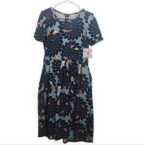 LuLaRoe Amelia Blue and Orange Floral A-Line Dress Size L Office Church NEW